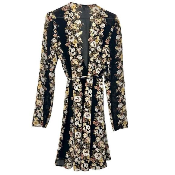 WAYF Floral Belted Surplice Neck Long Sleeve Wrap Dress Multicolor Size Large - Picture 2 of 5